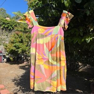 KOURT multicolor pastel tropical botanical print‎ sleeveless mini dress